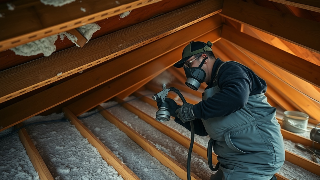 Technician spray-applying closed-cell spray foam insulation to a roof deck in a Missoula, Montana attic