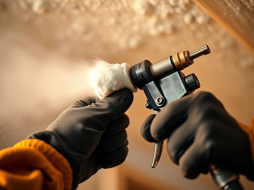 Close-up of a spray foam insulation gun applying cured foam texture