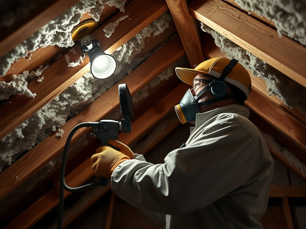 Technician spraying foam insulation onto an attic roof deck